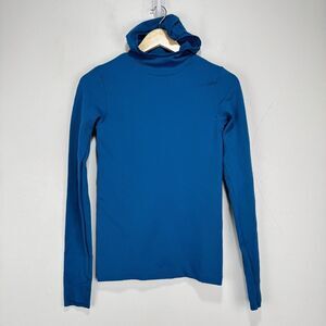 Athleta Essence Ribbed High Neck Hoodie Shirt Women XS Blue Stretch Gym Athletic